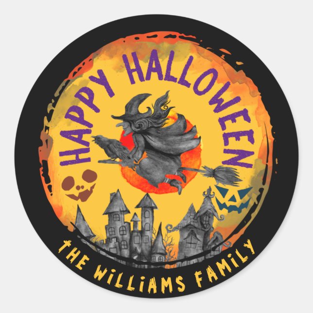 Sticker Rond Effrayant Halloween Orange sorcier Broomstick (Devant)
