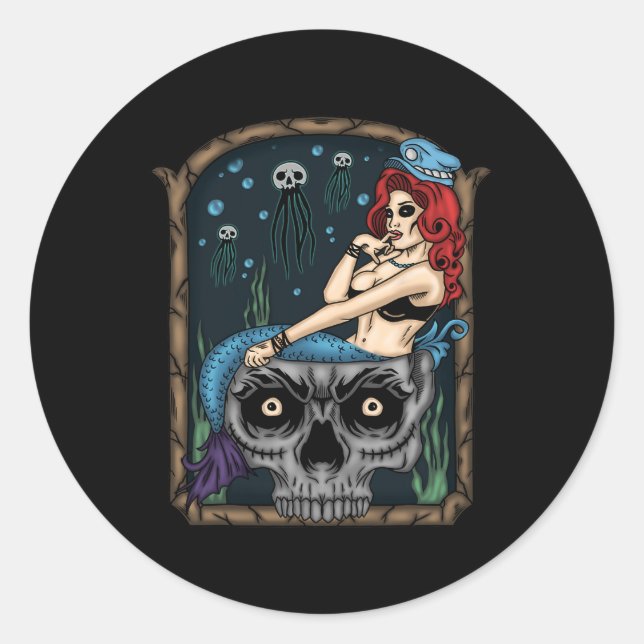 Sticker Rond Éffrayant Halloween Punk Goth Crâne sirène (Devant)