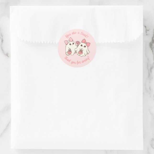Sticker Rond Éffrayant One mignonne rose Fantôme & Bows 1er ann (Sac)
