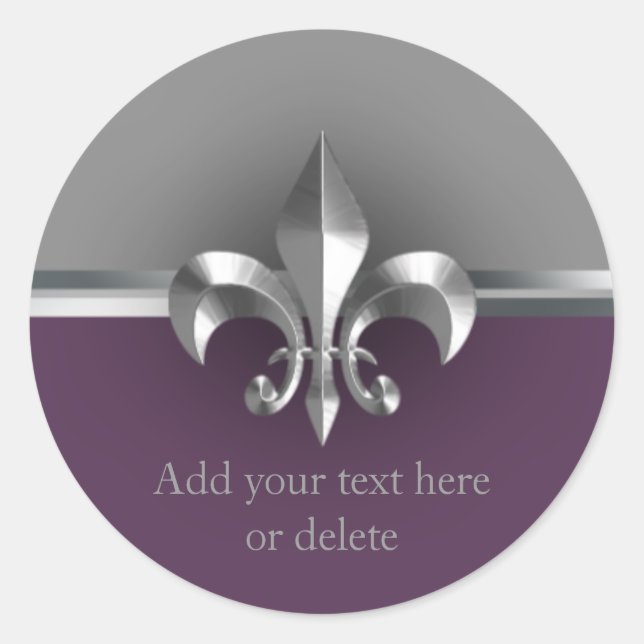 Sticker Rond Eggplant Gris Métal Style Argent Fleur de Lis (Devant)