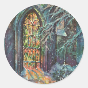 Sticker Rond Église de Noël vintage avec vitrail