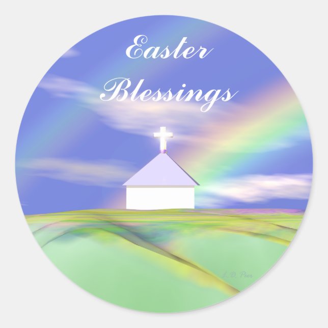 Sticker Rond Église de Pâques et Arc en ciel (Devant)