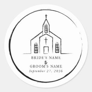 Sticker Rond Église Dessinée à la Main Mariage Traditionnel Fan
