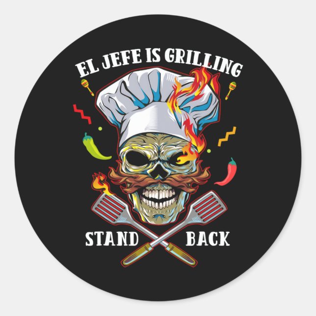 Sticker Rond El Jefe Grille Stand Ck Funny Skull Bbq Mexique (Devant)