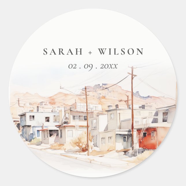 Sticker Rond El Paso Texas City Scape Watercolor Mariage (Devant)