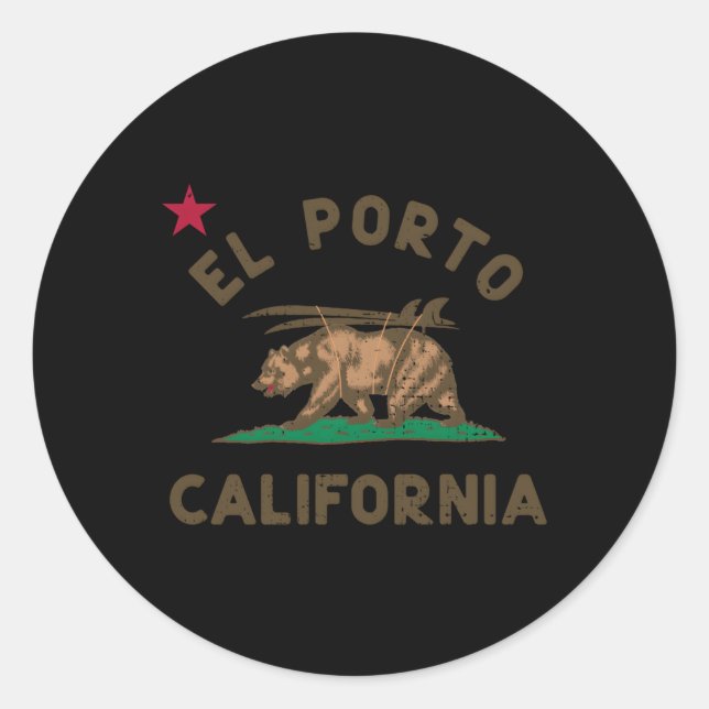 Sticker Rond El Porto California Beach Drapeau Ours Surf Ca (Devant)