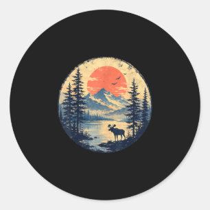 Sticker Rond Élan coucher de soleil montagne forêt lac désert