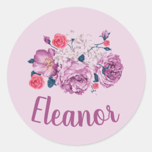 Sticker Rond Eleanor Nom Floral Fille Fleur Personnalisé Vintag