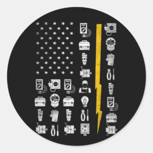 Sticker Rond Electricien US Drapeau Outils pour Electriciens