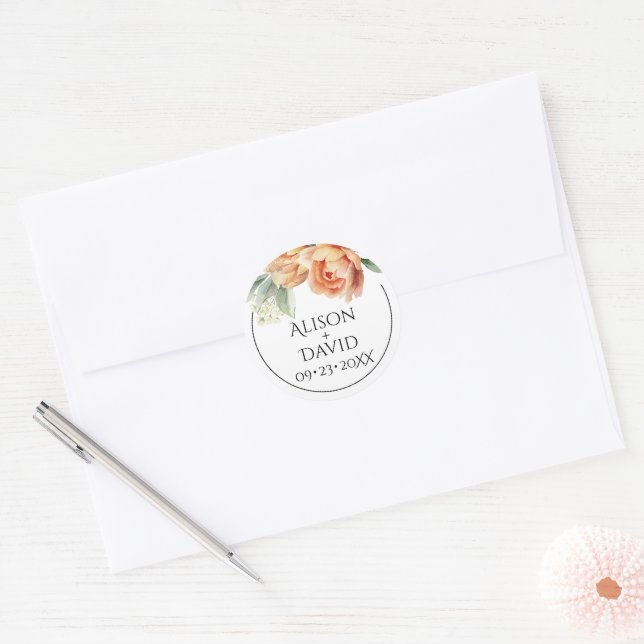 Sticker Rond Elegan peach mariage floral (Enveloppe)