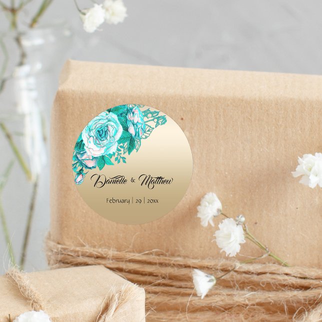 Sticker Rond Elégance dorée : Bouquet de rose Turquoise Mariage (Créateur téléchargé)