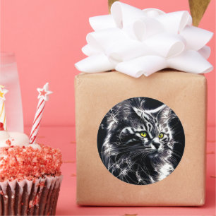 Sticker Rond Élégance noire, argentée et Cool - Feline mystique