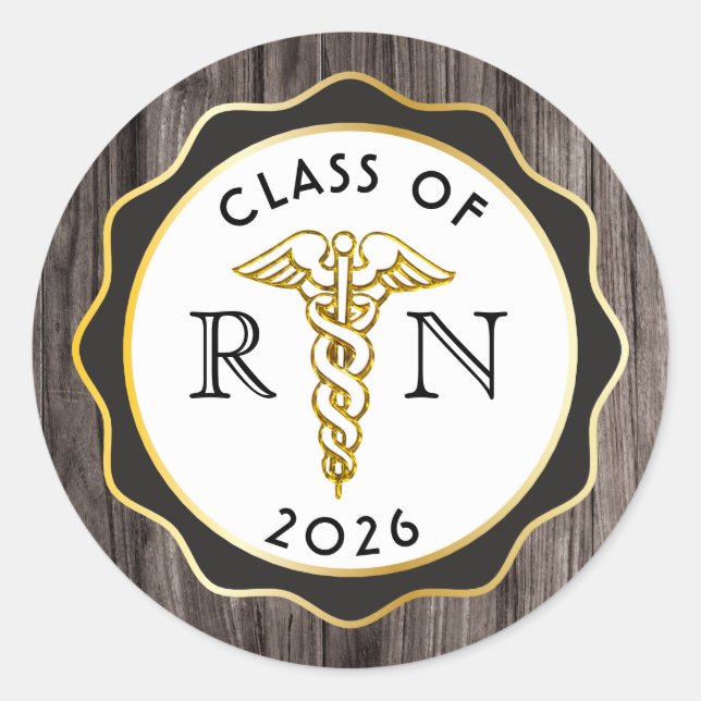 Sticker Rond Élégance rustique RN Caducée Noir | Bois doré (Devant)