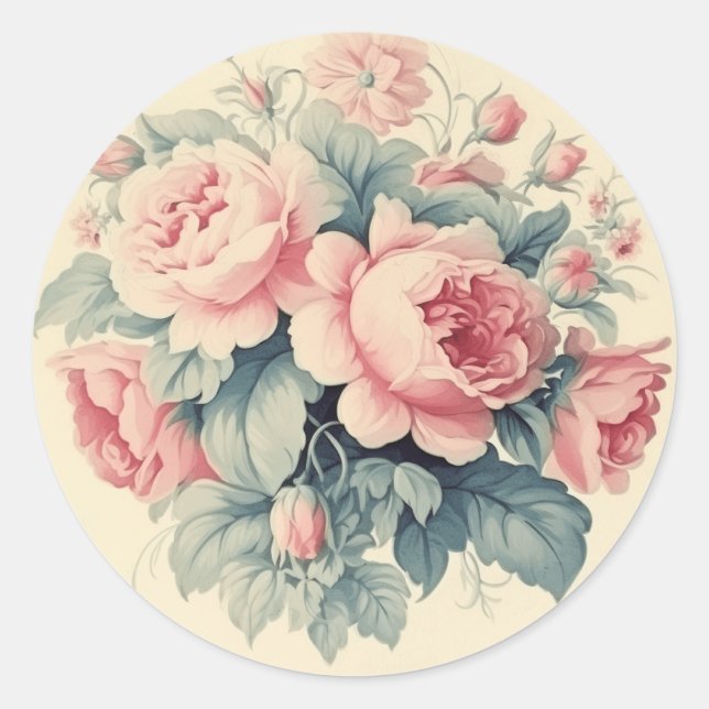 Sticker Rond Élégance Usée, Shabby Chic Rose (Devant)