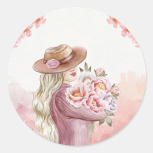 Sticker Rond Elegance Woman with Peonies Aquarelle Art Imprimer