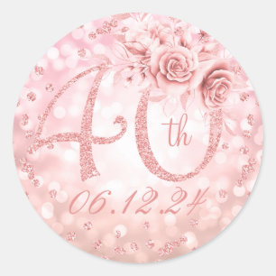 Sticker Rond Élégant 40e anniversaire de fête Glam Lights Rose 