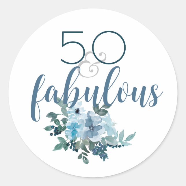 Sticker Rond Elégant 50 & Fabuleux bleu floral aquarelle (Devant)