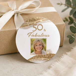 Sticker Rond Elégant 50 & Fabuleux Photo Anniversaire Or