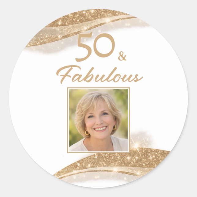 Sticker Rond Elegant 50 & Fabulous Gold Photo Birthday  (Devant)