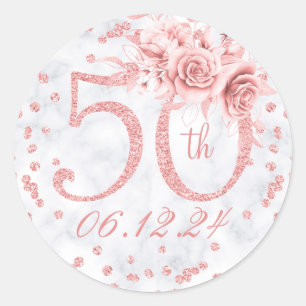 Sticker Rond Élégant 50e anniversaire de la fête Glam Rose Gold