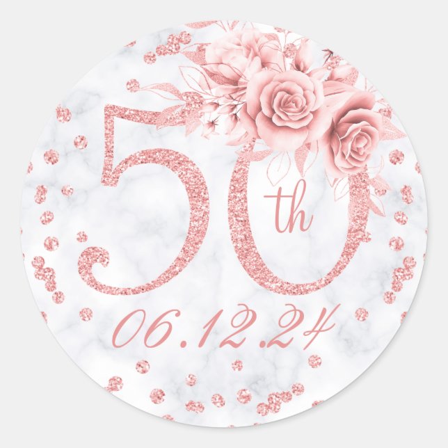 Sticker Rond Élégant 50e anniversaire de la fête Glam Rose Gold (Devant)