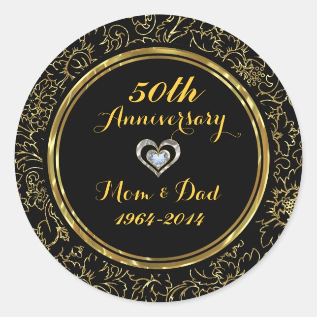 Sticker Rond Élégant 50e anniversaire de Mariage Black & Gold (Devant)
