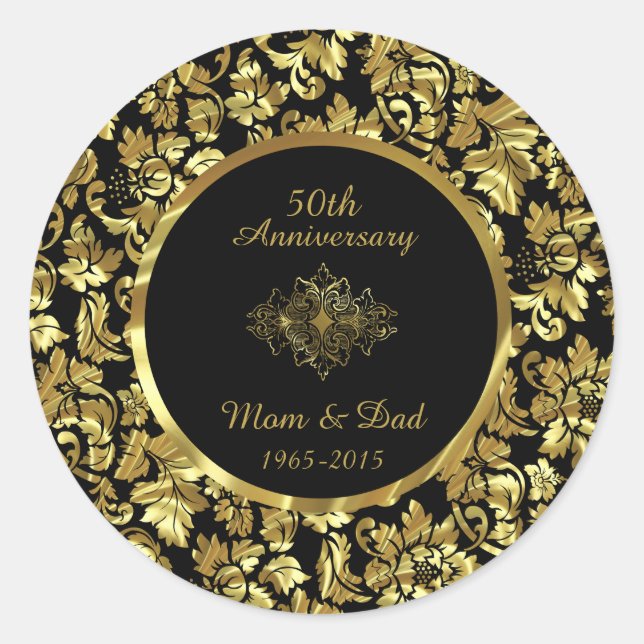 Sticker Rond Élégant 50e anniversaire de Mariage Black & Gold (Devant)