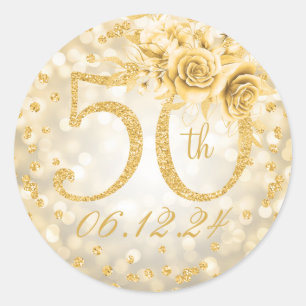 Sticker Rond Élégant 50e anniversaire Glam Lights Gold