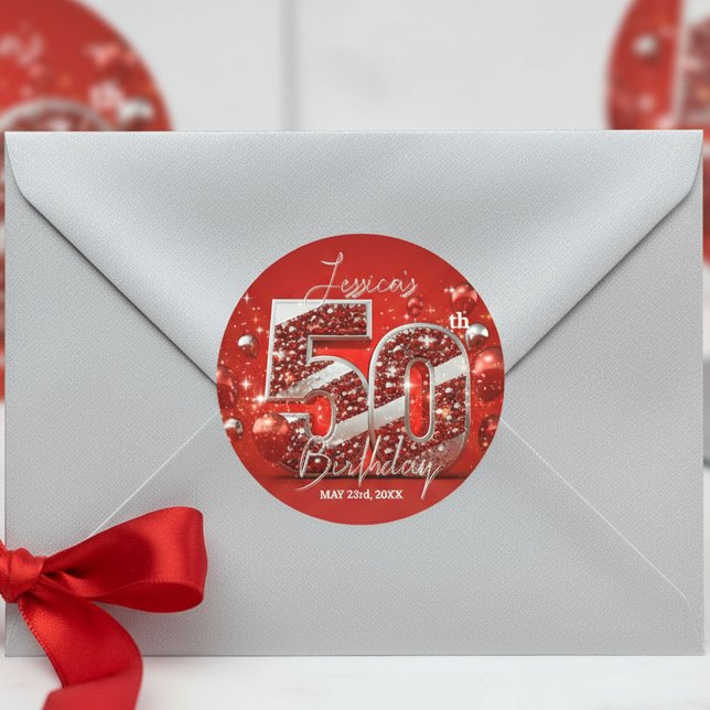 Sticker Rond Élégant 50e anniversaire scintillant rouge et arge (Créateur téléchargé)