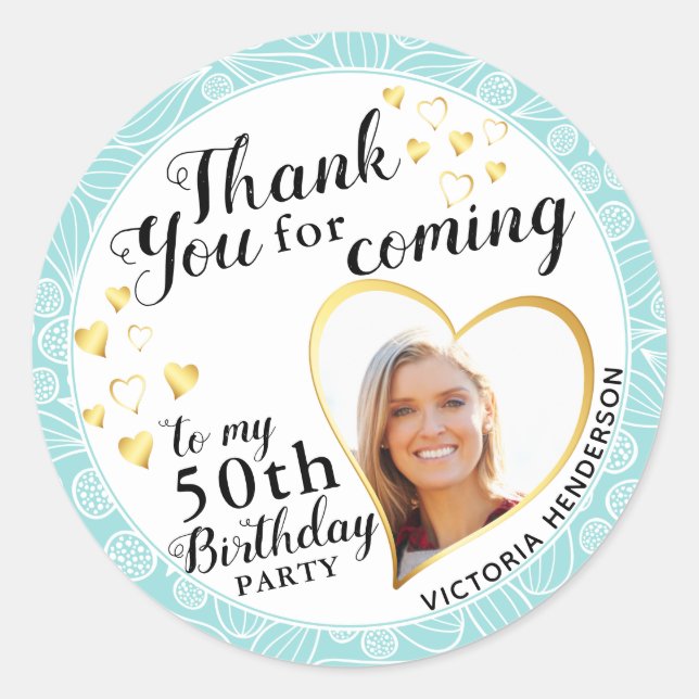 Sticker Rond Elégant 50e anniversaire Turquoise Merci bleu (Devant)