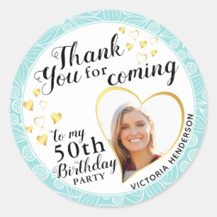 Sticker Rond Elégant 50e anniversaire Turquoise Merci bleu