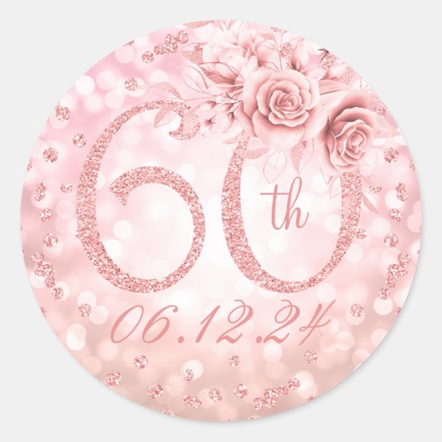 Sticker Rond Élégant 60e anniversaire de fête Glam Lights Rose  (Devant)
