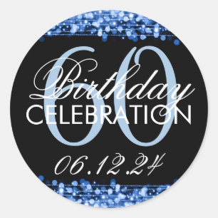 Sticker Rond Élégant 60e anniversaire fête étincelle Bleu
