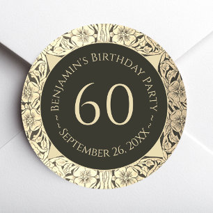 Sticker Rond Élégant 60e Anniversaire Fleurs Vintage Noir Or