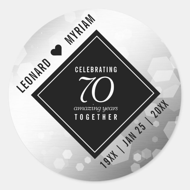 Sticker Rond Élégant 70e anniversaire de Mariage Platinum (Devant)