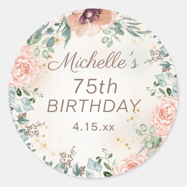 Sticker Rond Élégant 75e anniversaire floral aquarelle rose (Devant)