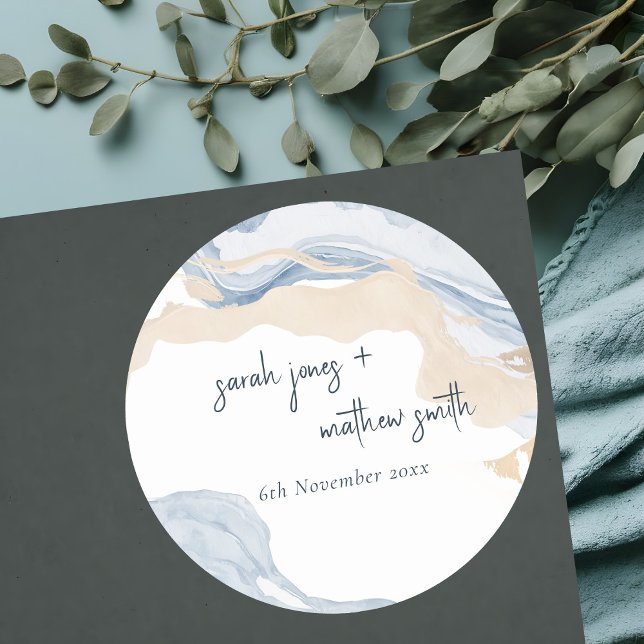 Sticker Rond Elégant Abstrait Bleu Beige Côte Plage Mariage (Créateur téléchargé)