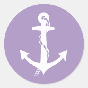 Sticker Rond Élégant Ancre Lavande Violet et Blanc de Classe