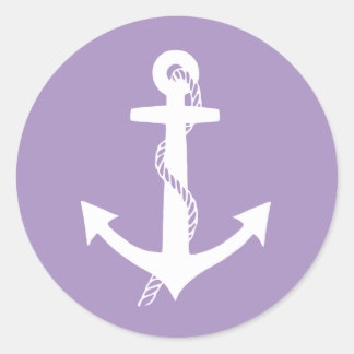 Sticker Rond Élégant Ancre Lavande Violet et Blanc de Classe