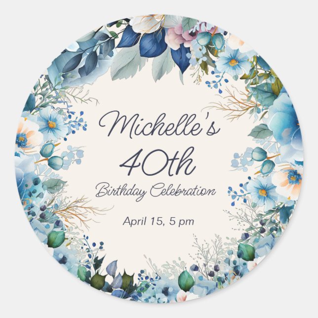 Sticker Rond Élégant Anniversaire 40 Ans Fleur Blanc Bleu pour  (Devant)