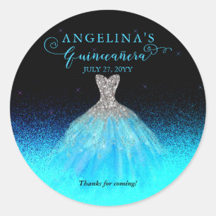 Sticker Rond Elégant Aqua   Silver Spanish Gown Quinceañera