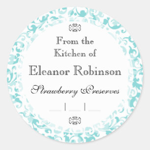 Sticker Rond Elégant Aqua Turquoise Damask Swirl Scrolls