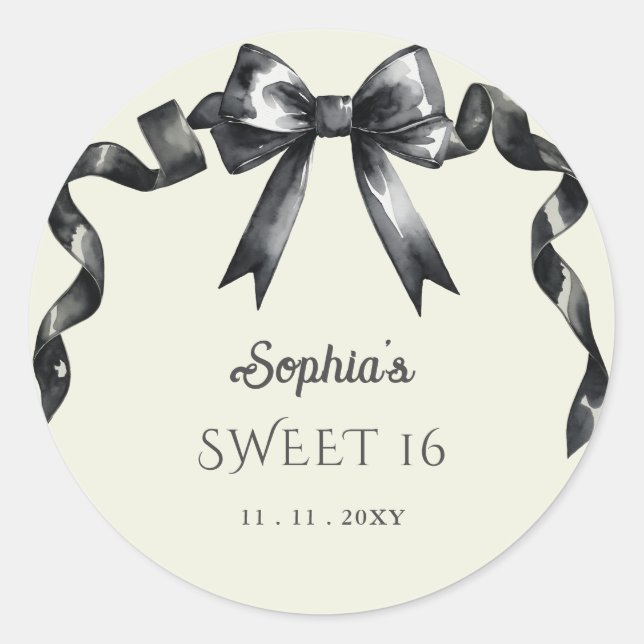 Sticker Rond Elégant Aquarelle Coquette Black Bow Sweet 16 (Devant)
