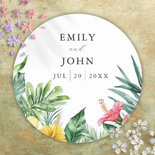 Sticker Rond Élégant aquarelle fleurs tropicales cadeau de mari