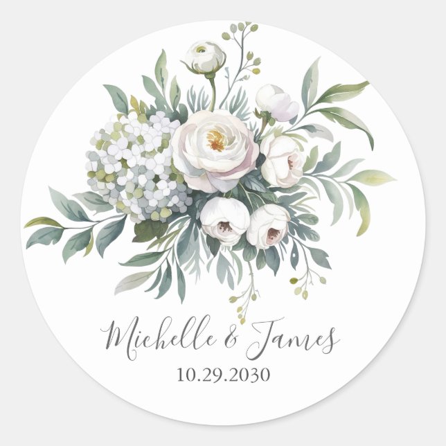 Sticker Rond Élégant aquarelle Hydrangea Rose Fleurs de mariage (Devant)