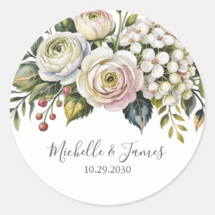 Sticker Rond Élégant aquarelle Hydrangea Rose Floral Mariage  