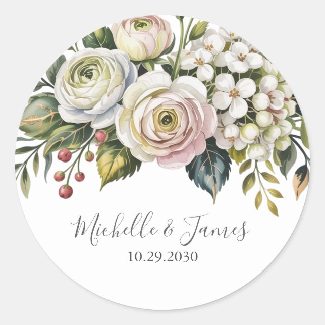 Sticker Rond Élégant aquarelle Hydrangea Rose Floral Mariage   (Devant)