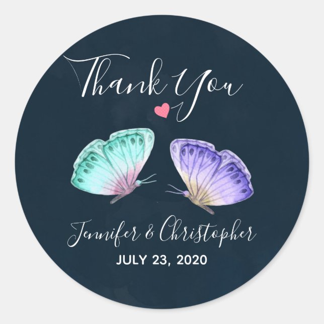 Sticker Rond Elégant Aquarelle Papillon Duo Mariage Merci (Devant)