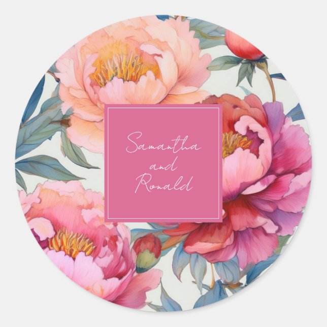 Sticker Rond Elégant Aquarelle Peony Flowers Mariage (Devant)
