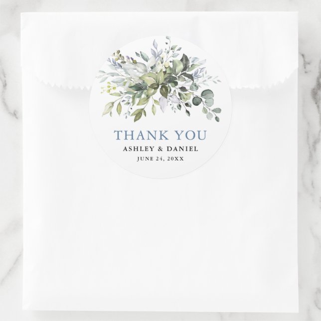 Sticker Rond Elégant Aquarelle Verdure Dusty Blue Mariage (Sac)
